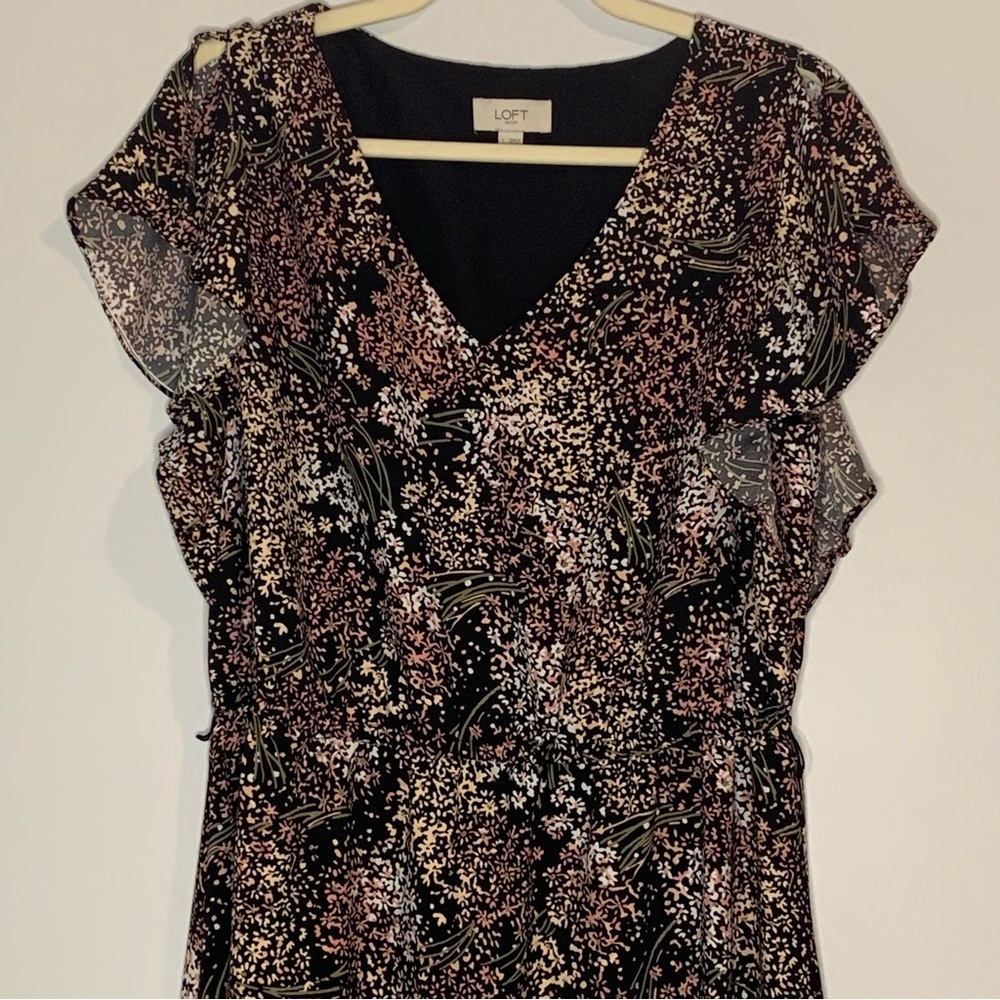 LOFT Black Floral Lined Split Flutter Sleeve V-Ne… - image 2